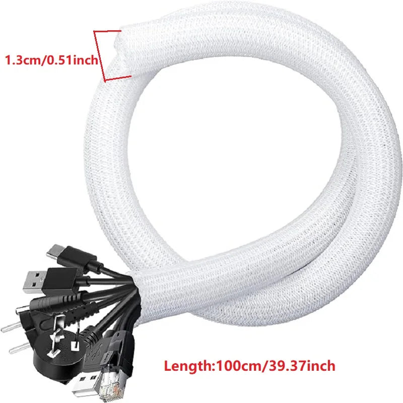 White braided cable sleeve with a connector, measuring 100cm or 39.37inch long.