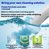A white toilet brush set is shown submerged in water with cleaning agents and ingredients dissolving.