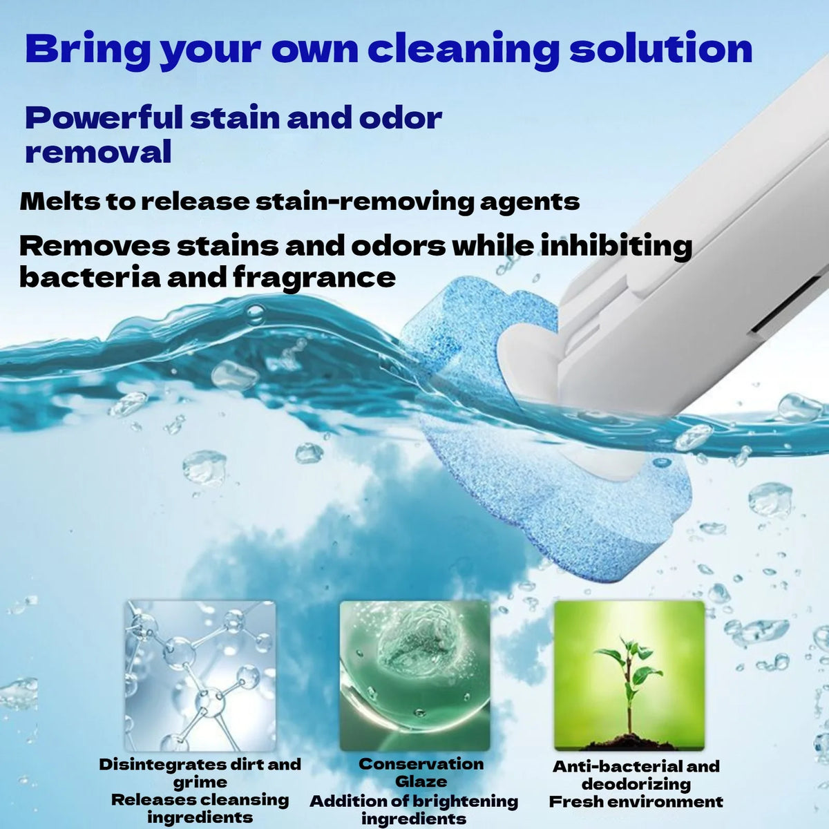 A white toilet brush set is shown submerged in water with cleaning agents and ingredients dissolving.