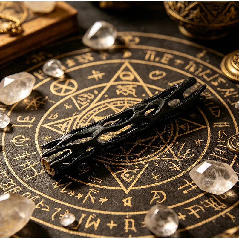 A black willow stick night light projector resting on an antique brass zodiac-themed surface with crystals.