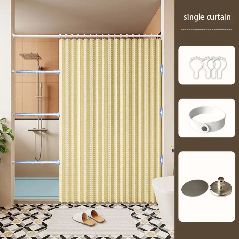 A single shower curtain with a waffle texture hangs in a bathroom, shown alongside mounting hardware and a soap dish.
