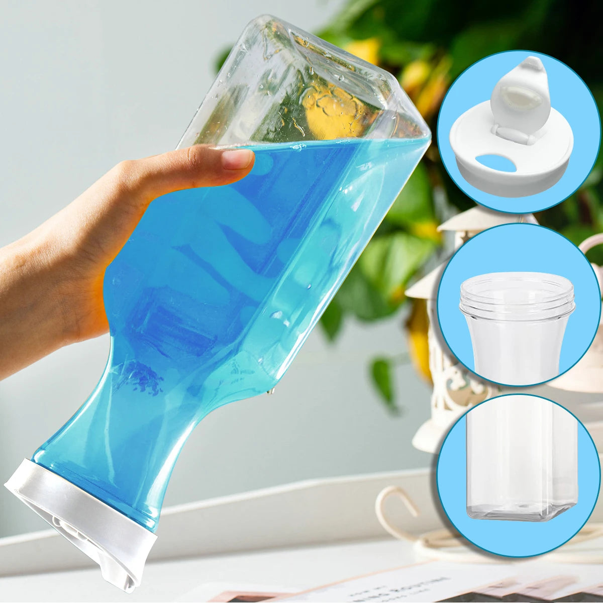 A hand pours blue liquid from a clear glass bottle into a white plastic storage container, showing three refillable detergent