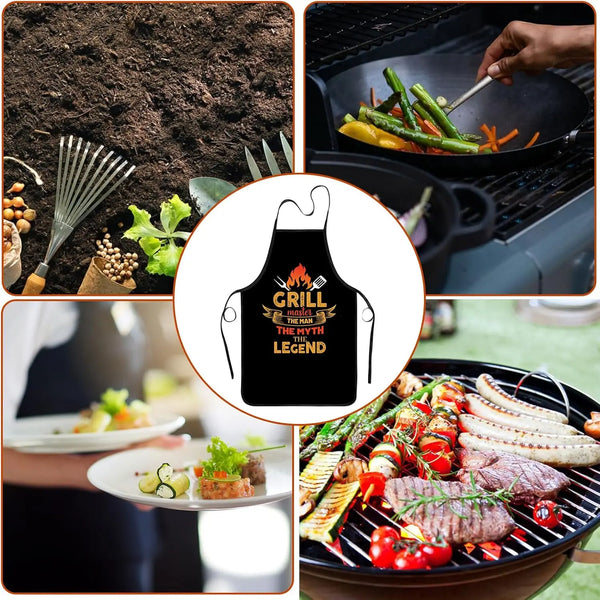 A set of images showing a funny grill master apron for men used in BBQ and grilling contexts.