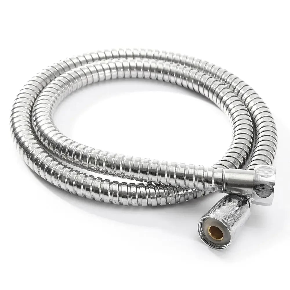 A coiled flexible stainless steel shower hose with a metal connector tip.