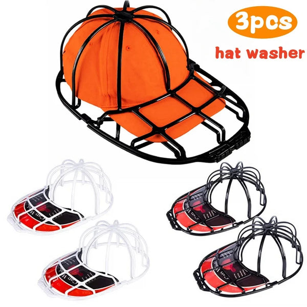 Three orange hat washer cages with black frames and mesh inserts.