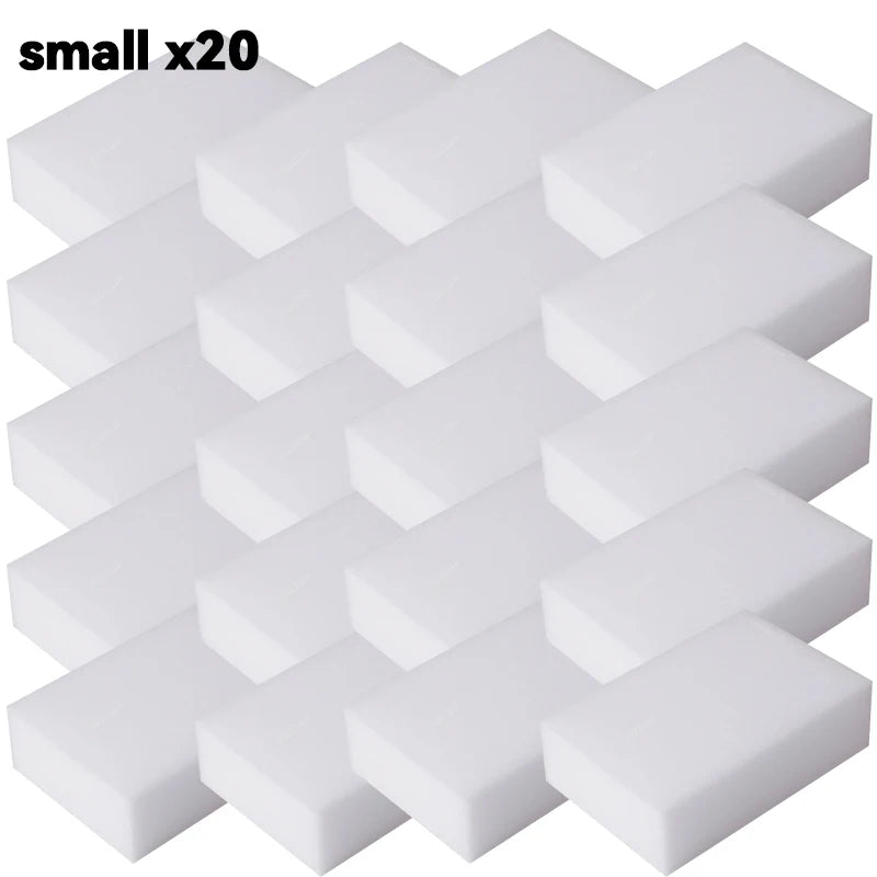 A pack of twenty small white melamine cleaning sponges or magic erasers.