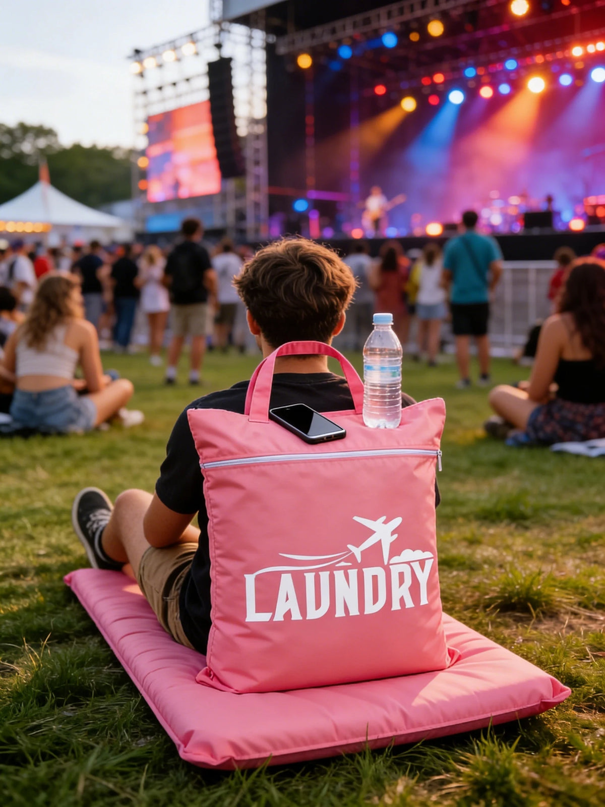 A person sits on a pink mat outdoors with a pink laundry bag and a water bottle.