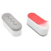 A pair of white toilet seat vibration dampening and protection pads with red accents.