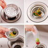 A series of six steps showing how to use reusable mesh strainer bags for kitchen drains.