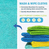A stack of multi-purpose cleaning cloths in various colors, including green, blue, and yellow.
