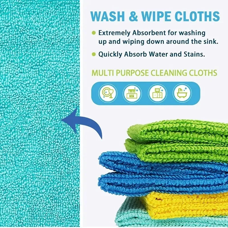 A stack of multi-purpose cleaning cloths in various colors, including green, blue, and yellow.