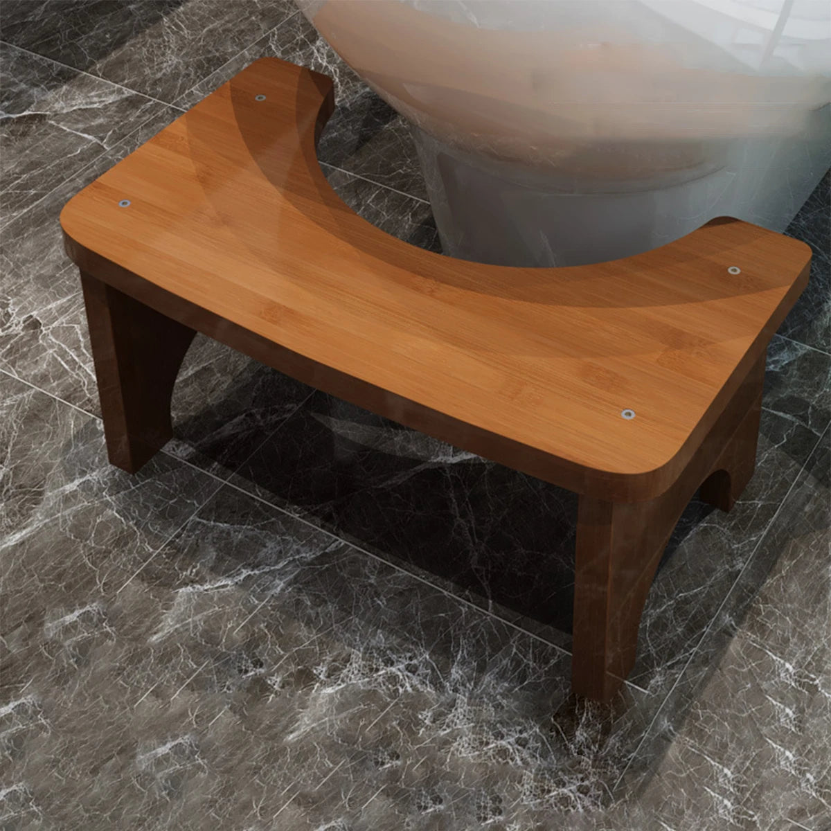 A wooden squat stool with a curved seat and four legs is shown on a marbled floor.