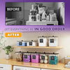 Before and after comparison showing clear laundry storage containers with lids organized on a shelf.