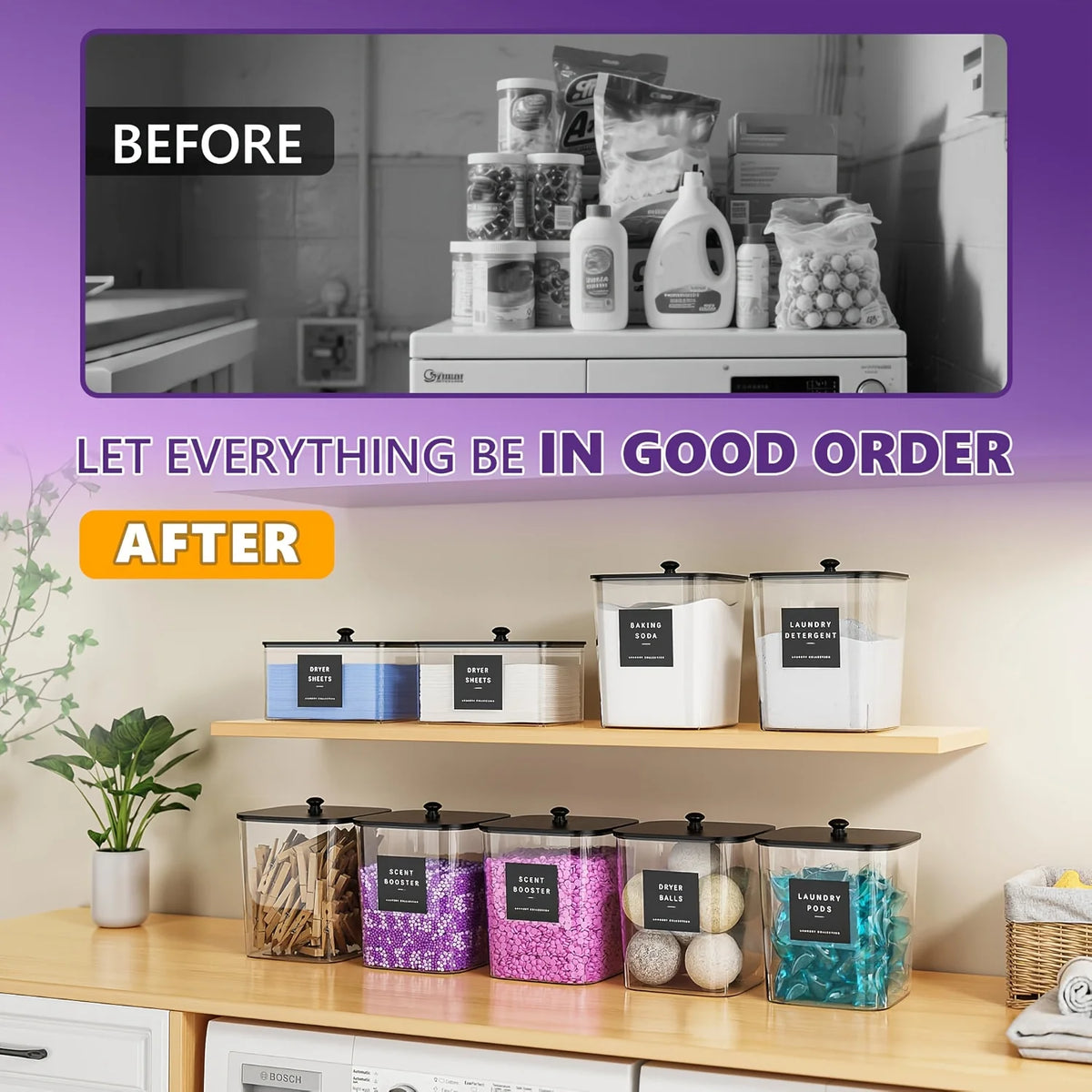 Before and after comparison showing clear laundry storage containers with lids organized on a shelf.