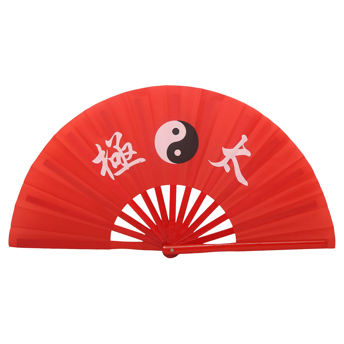 Un éventail de martial arts traditionnel en bambou rouge avec des caractères chinois blancs et un symbole yin-yang.