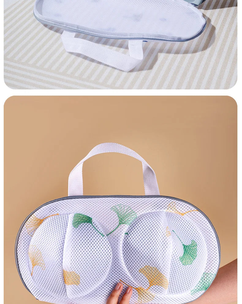 A white mesh laundry bag for delicates and lingerie protection is shown on a light background.