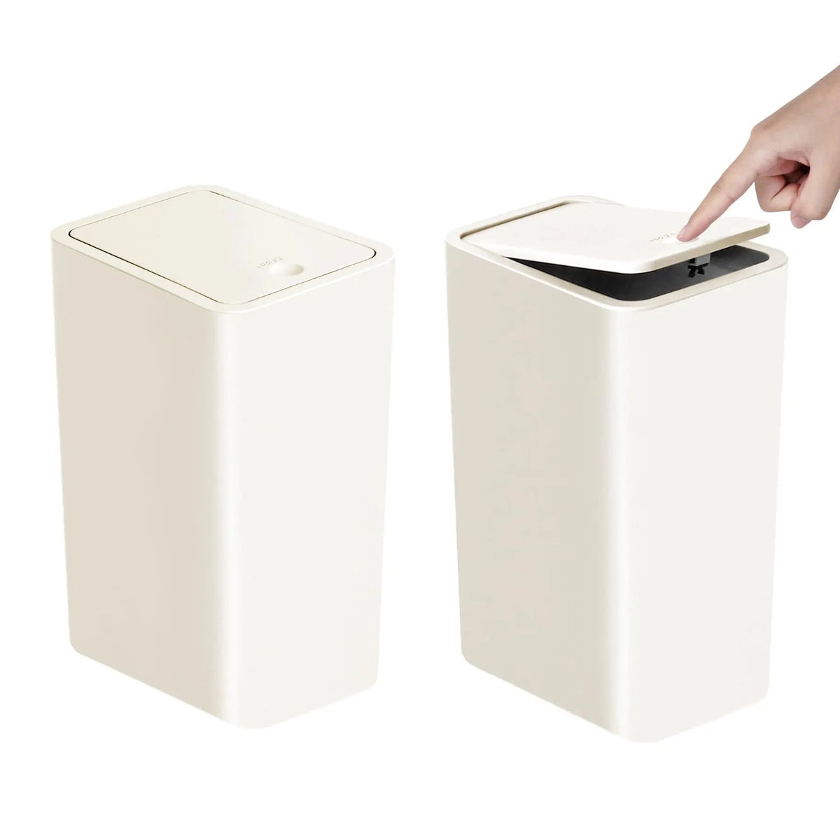 A white 10L small trash can with a press-fit lid is shown, being lifted by a hand.