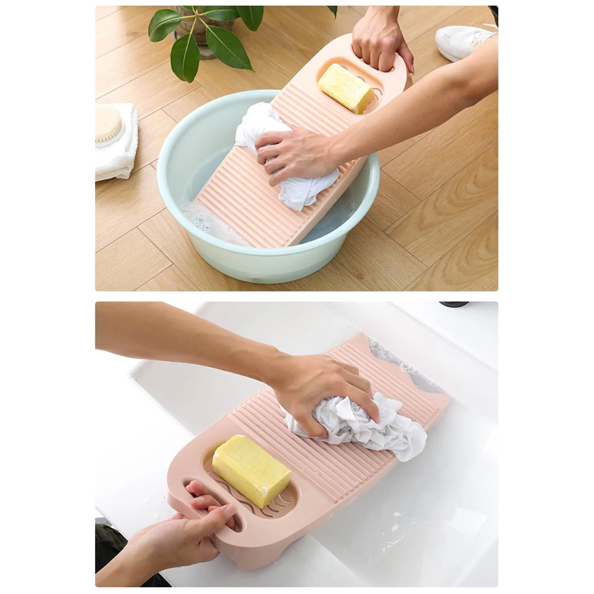 A hand is using a thickened washboard to gently wash laundry in a basin.