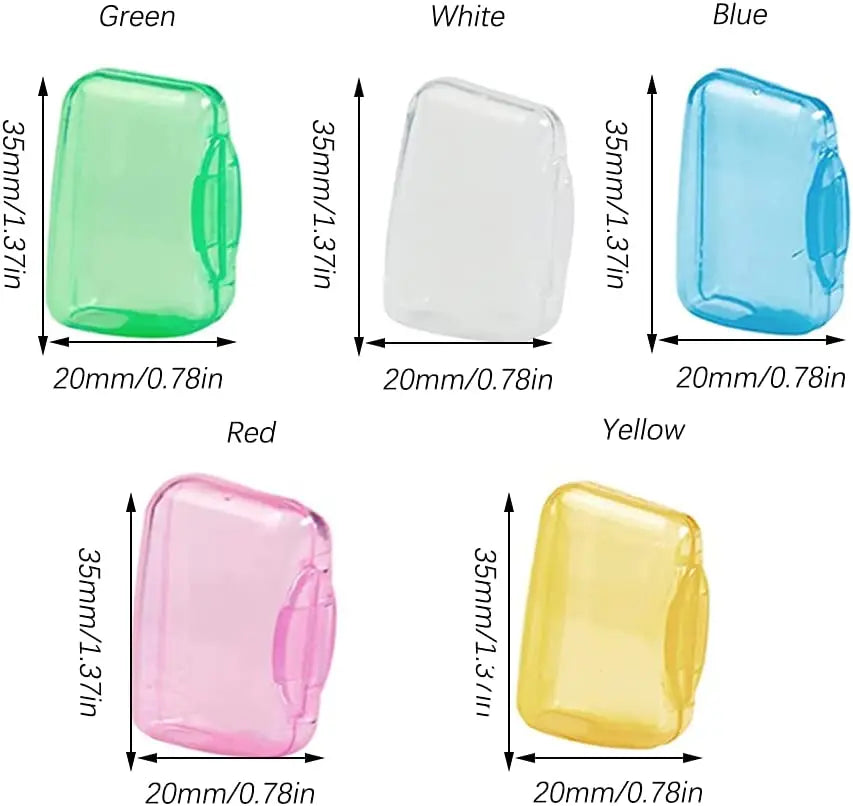 A set of ten reusable toothbrush head covers in various colors including green, white, blue, red, and yellow.