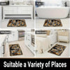 A variety of botanical leaf carpet mats shown in different contexts including a sink, tub, kitchen, and bedroom.