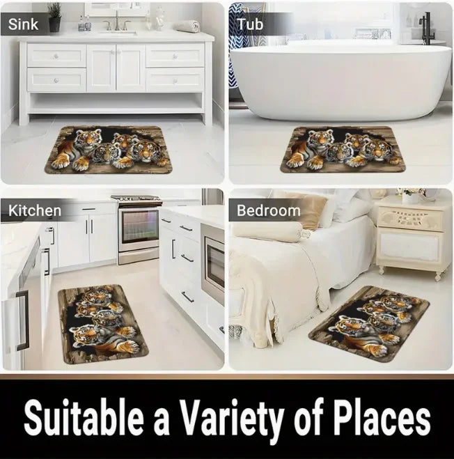 A variety of botanical leaf carpet mats shown in different contexts including a sink, tub, kitchen, and bedroom.