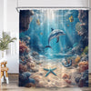 A shower curtain featuring a vibrant underwater scene with various tropical fish and coral formations.