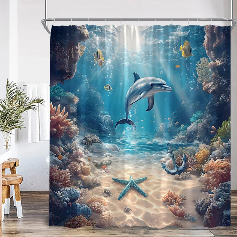 A shower curtain featuring a vibrant underwater scene with various tropical fish and coral formations.