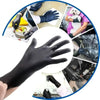 A hand wearing a black disposable nitrile glove is shown in various angles, including handling food and machinery.