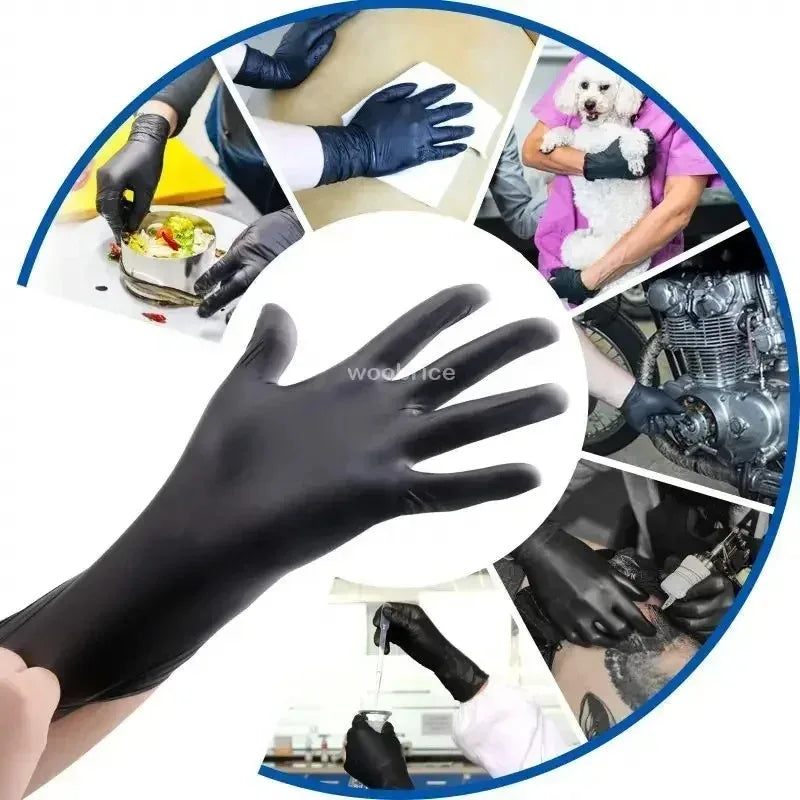 A hand wearing a black disposable nitrile glove is shown in various angles, including handling food and machinery.