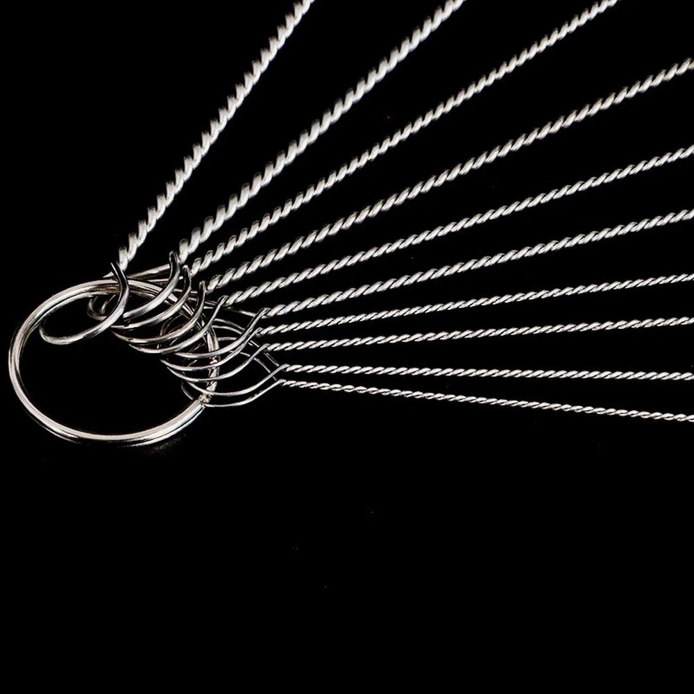 A set of ten nylon bottle and straw cleaning brushes arranged radially against a black background.