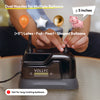 A hand is using a Vollyc electric balloon inflator pump to inflate various shaped balloons.
