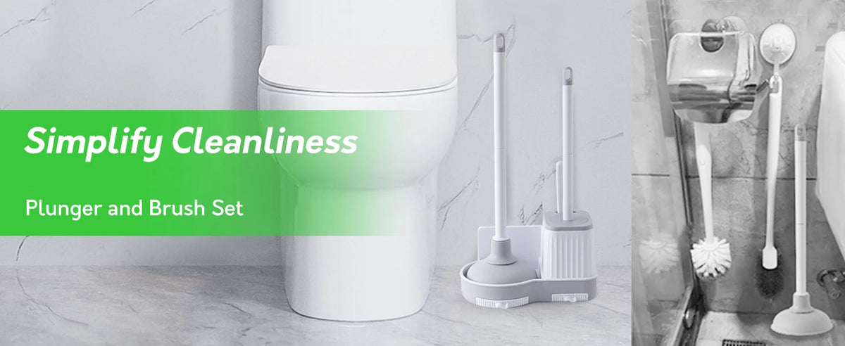 Weiße Toilette mit spezieller Abfluss- und Bürsten-Set für einfache Reinigung.
