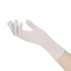 A hand wearing a white disposable nitrile cleaning glove, shown in profile.