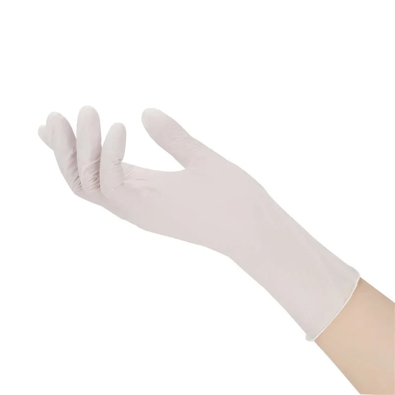 A hand wearing a white disposable nitrile cleaning glove, shown in profile.