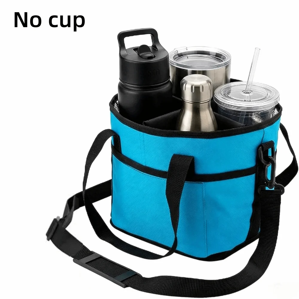 Sac isotherme bleu vif avec sangle noire, contenant plusieurs contenants à boissons en métal et plastique.