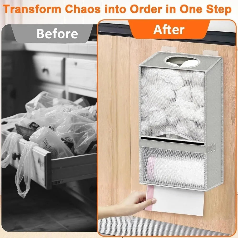 Before and after comparison of a 2-in-1 mesh shopping bag organizer wall mount showing organized storage.