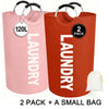 Two pink and orange laundry hampers with handles and a small bag