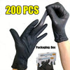 A pair of black disposable nitrile gloves is shown with a hand, next to a box labeled 200 PCS.