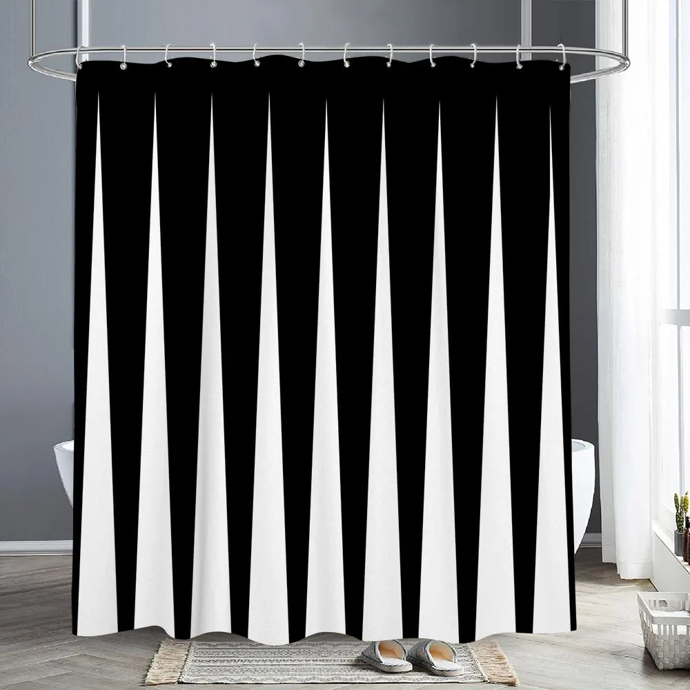 Black and white abstract geometric line shower curtain hanging on a rod