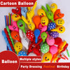 A colorful set of cartoon animal balloons in various bright colors like yellow, green, pink, and orange for parties.