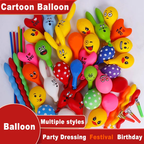 A colorful set of cartoon animal balloons in various bright colors like yellow, green, pink, and orange for parties.