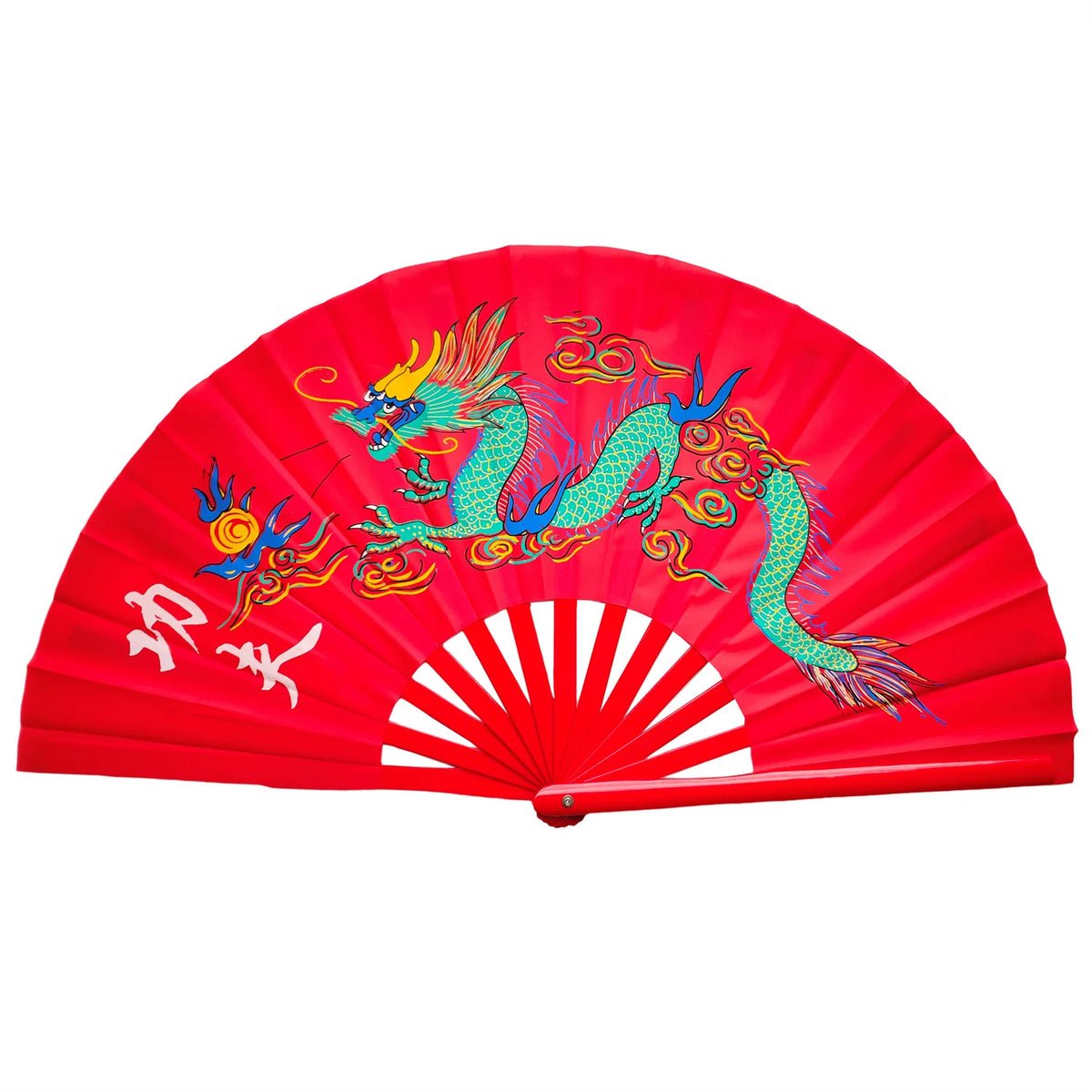 Un éventail de fan traditionnel en bambou rouge vif décoré d'un dragon coloré.