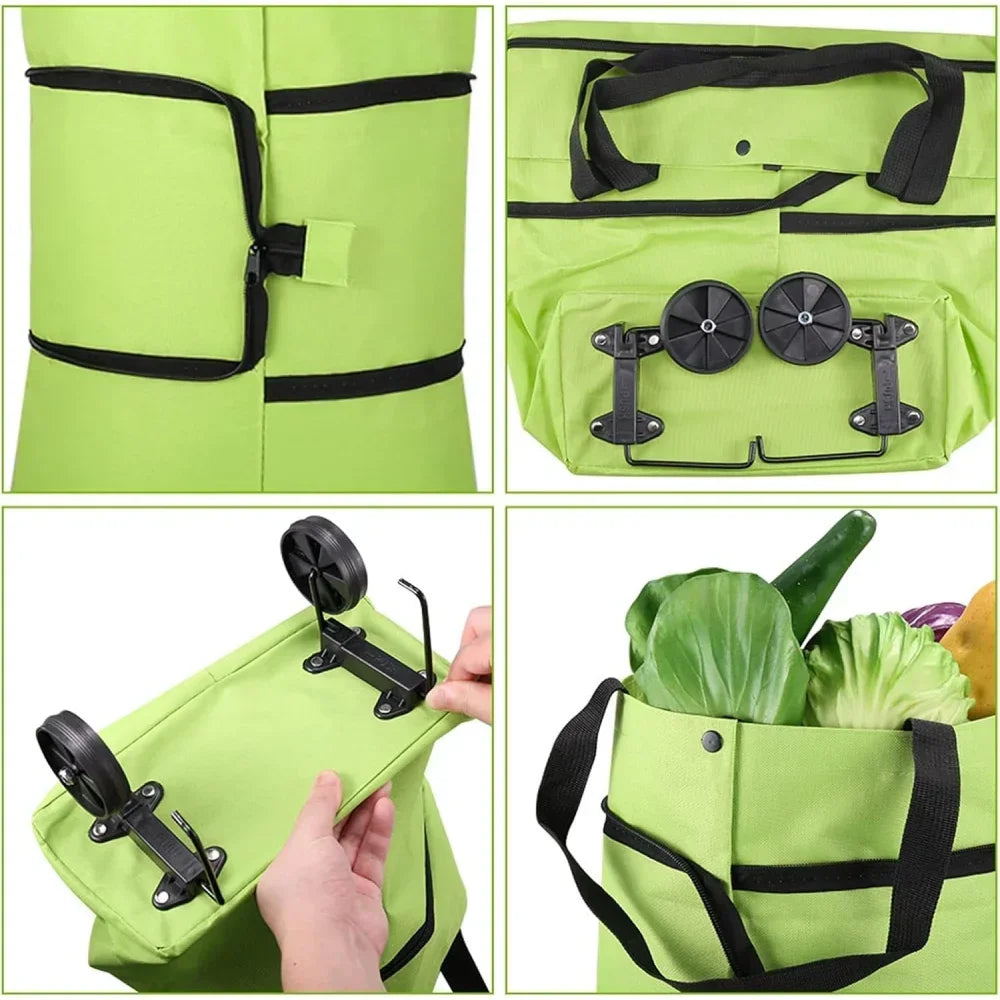 A lime green foldable shopping cart and handbag with wheels shown in various configurations.