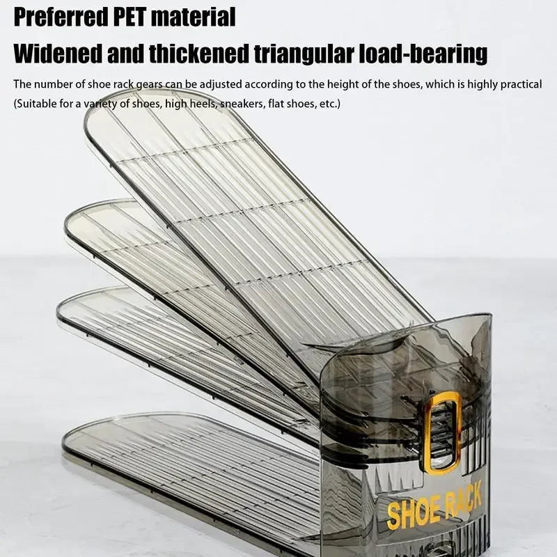 A clear, triangular load-bearing shoe rack organizer with multiple adjustable tiers.