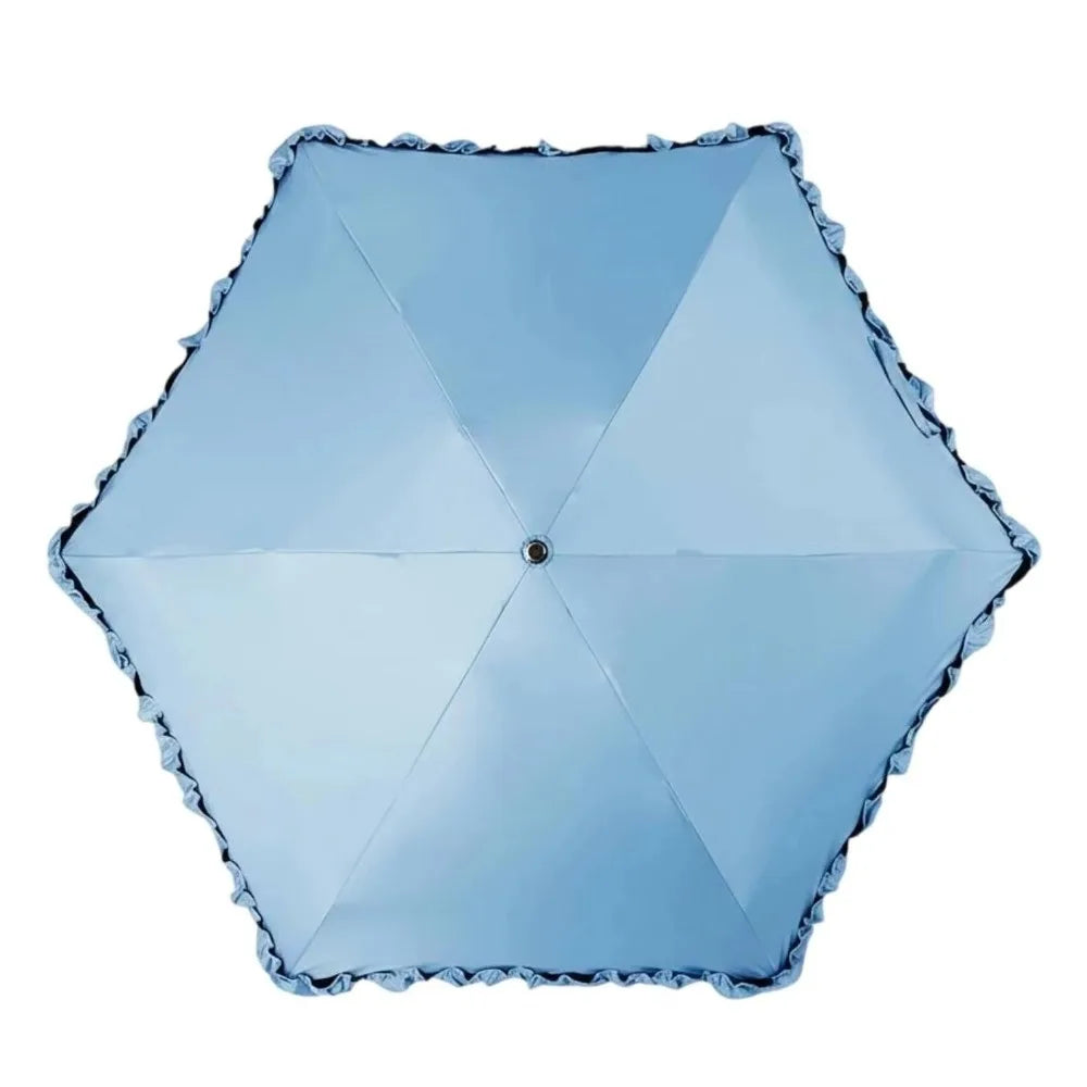 Light blue compact 5-fold lace umbrella with a golden curved handle