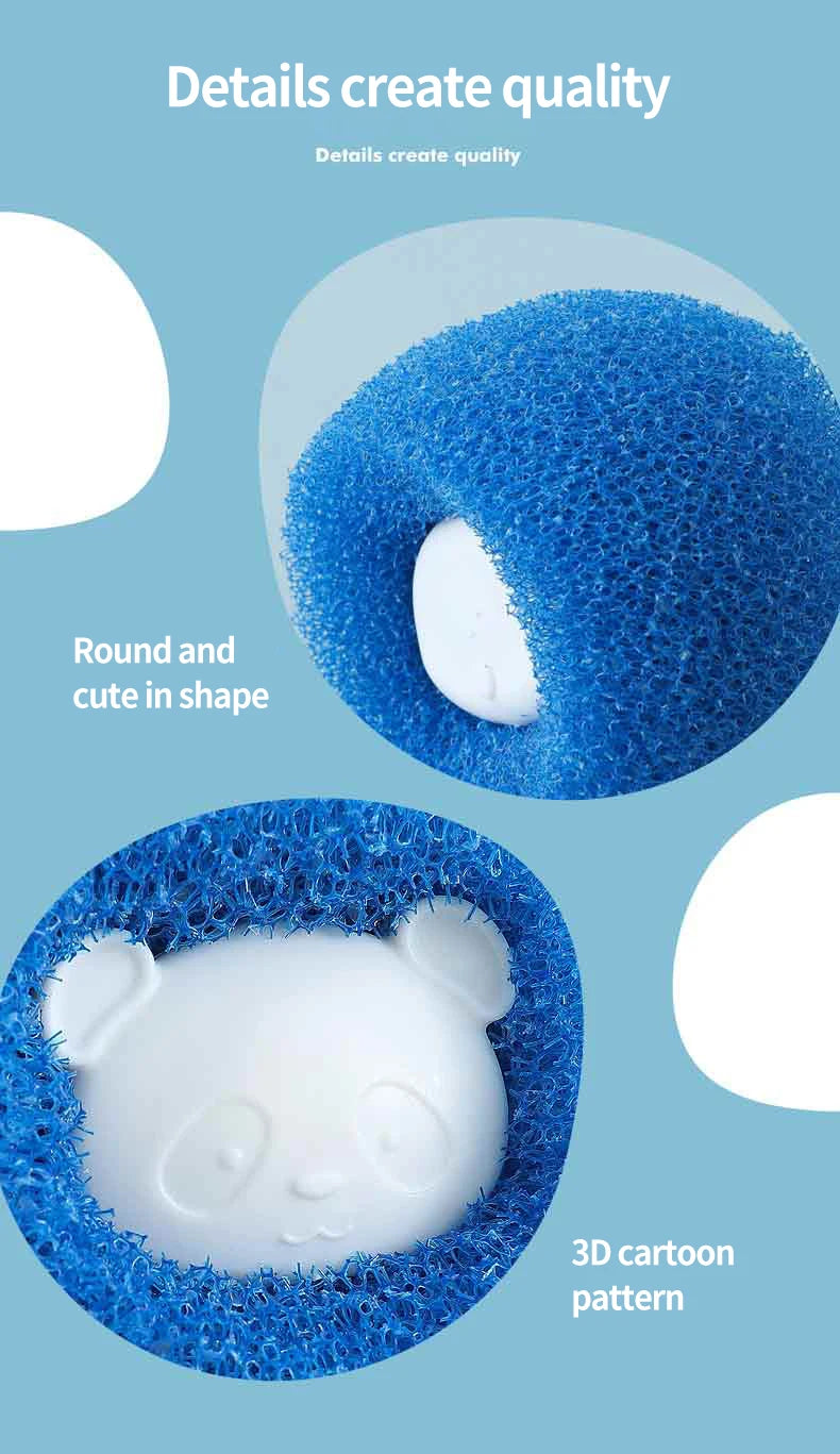 Close-up view of a blue lint and hair remover ball with a white 3D cartoon pattern inside.