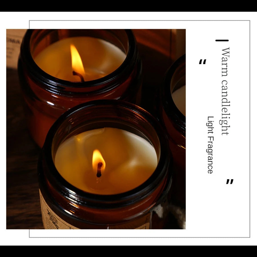 A lit soy wax candle in a brown glass cup providing warm candlelight and light fragrance.