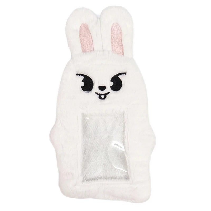 A white plush bunny-shaped storage bag with pink inner ears and a clear window.