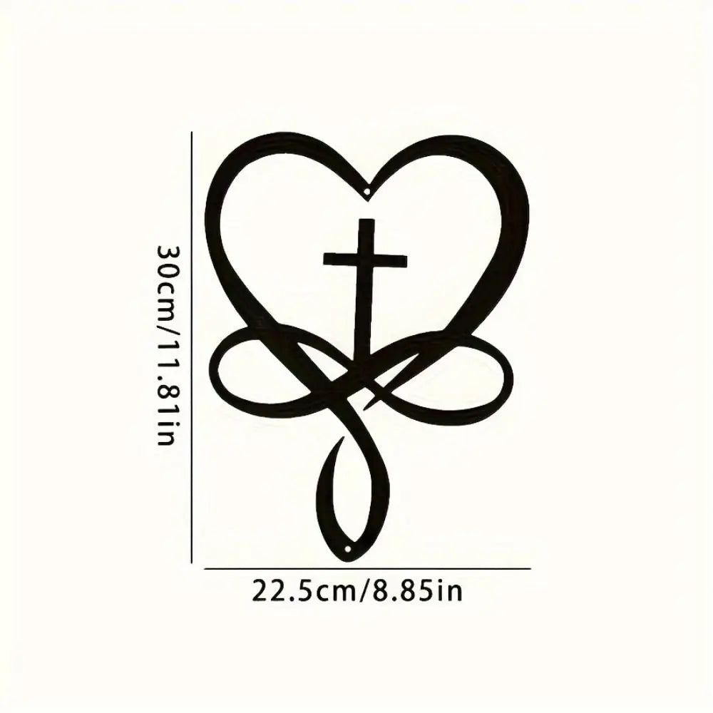 Black metal cross heart shape wall art decor with dimensions 30cm by 22.5cm