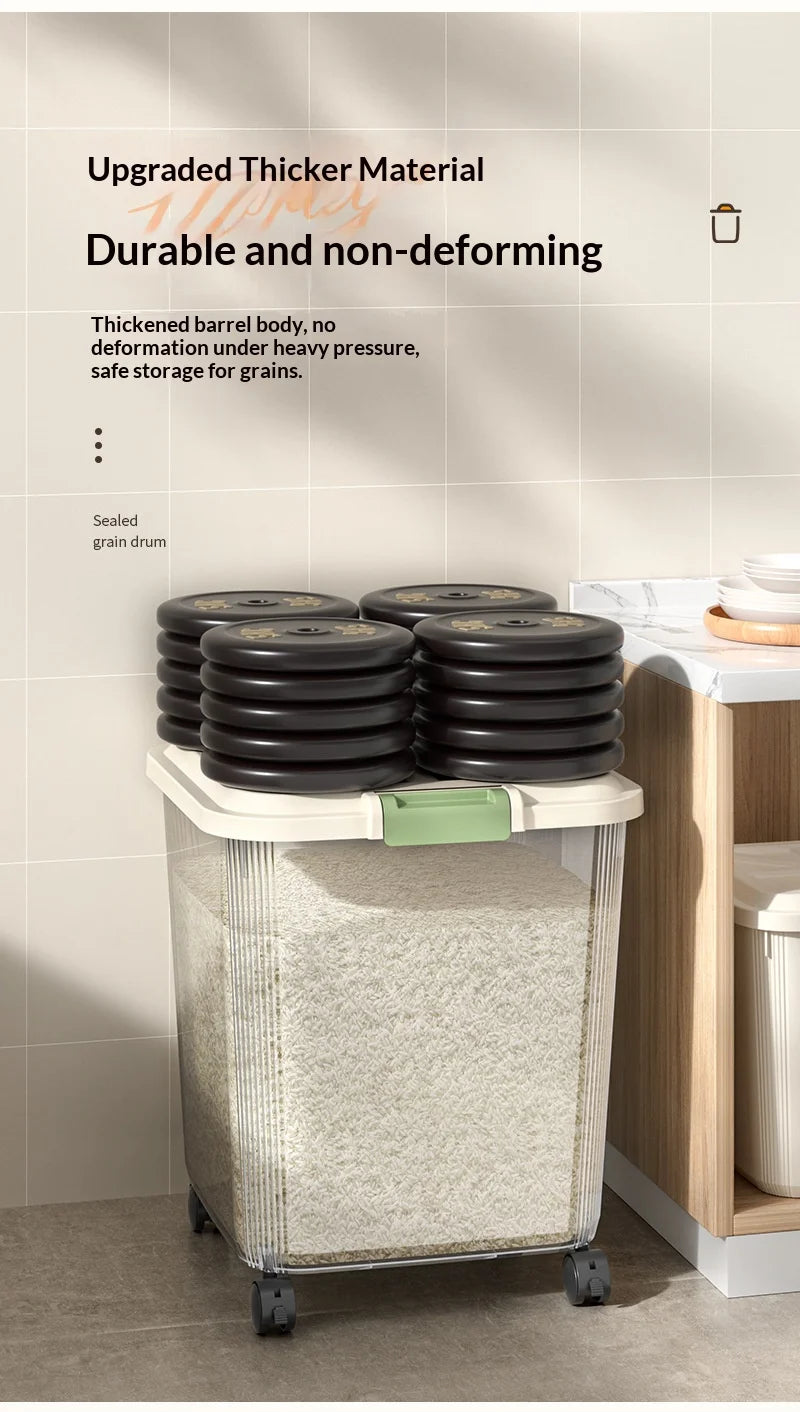 A stack of black round lids is placed inside a transparent airtight rice dispenser with a light green handle.